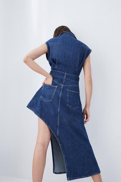 KarenMillen indigo Denim Asymmetric Hem Midi Shirt Dress