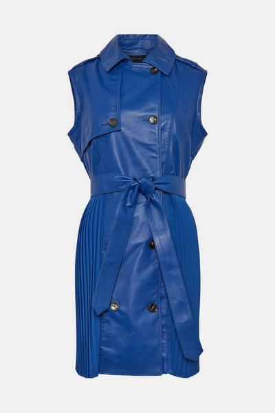 KarenMillen cobalt Leather Pleated Sleeveless Trench Mini Dress