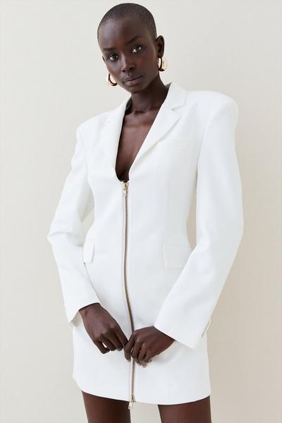 KarenMillen ivory Strong Shoulder Zip Front Mini Dress