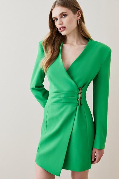 KarenMillen green Strong Shoulder Wrap Mini Dress
