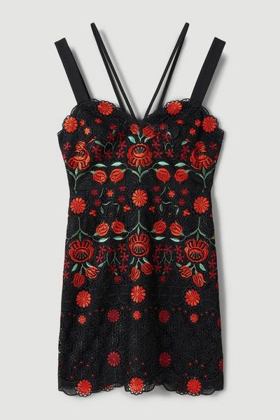 KarenMillen black Rose Chemical Lace Embroidered Mini Dress