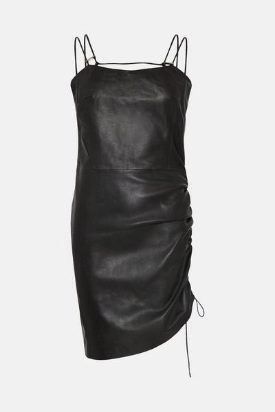 KarenMillen black Leather Strappy Ruched Skirt Mini Dress
