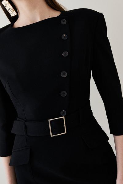 KarenMillen black Structured Crepe Strong Shoulder Midi Dress