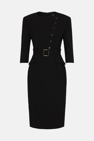 KarenMillen black Structured Crepe Strong Shoulder Midi Dress