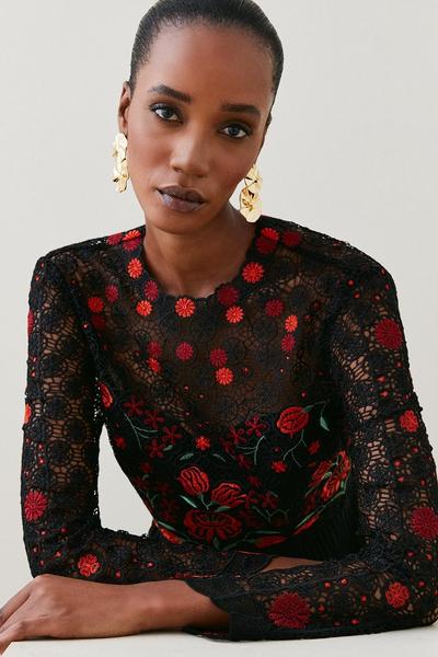 KarenMillen black Guipure Lace Floral Pleated Woven Midi Dress