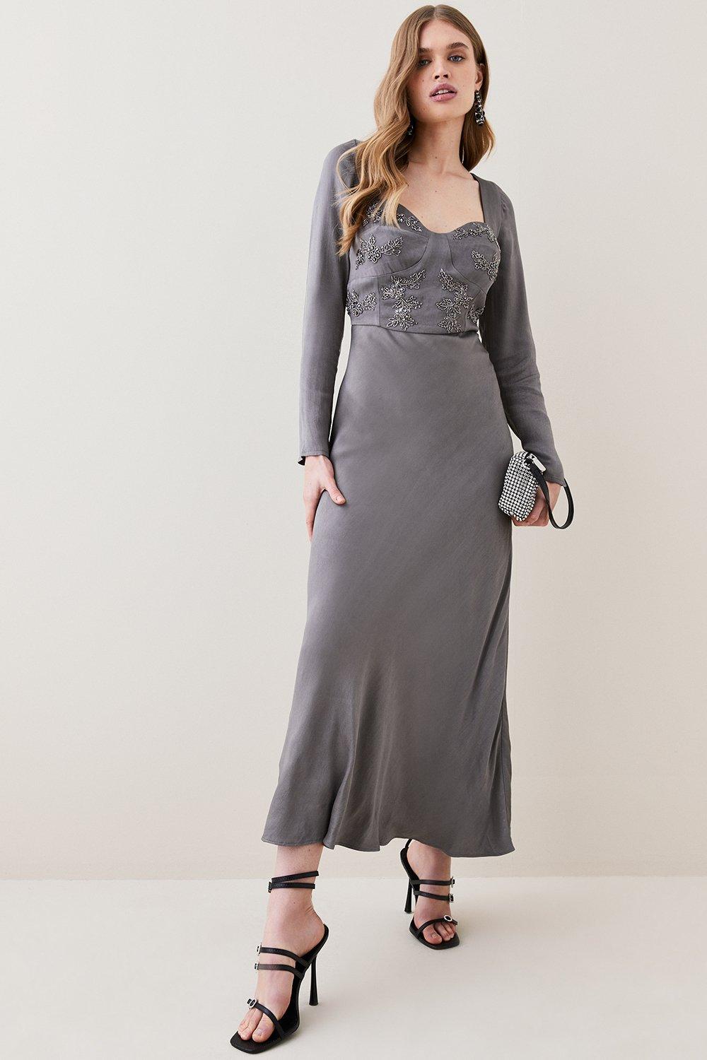 KarenMillen Satin Embellished Long Sleeve Midi Dress | Debenhams