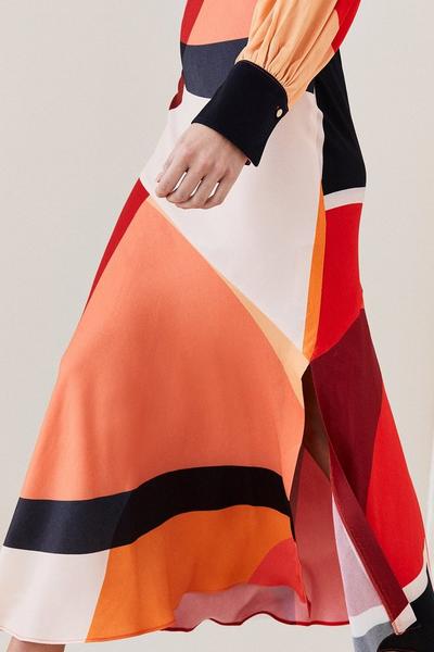 KarenMillen orange Petite Draped Satin Colour Block Midi Dress