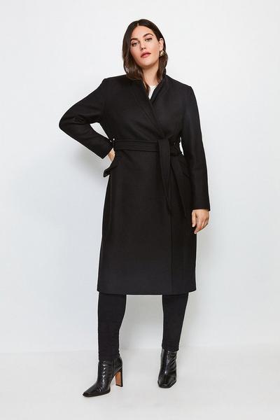 KarenMillen black Plus Size Italian Virgin Wool Blend Notch Neck Coat