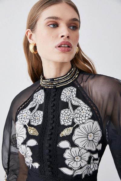 KarenMillen Petite Organdie Applique Buttoned Woven Midi Dress | Debenhams