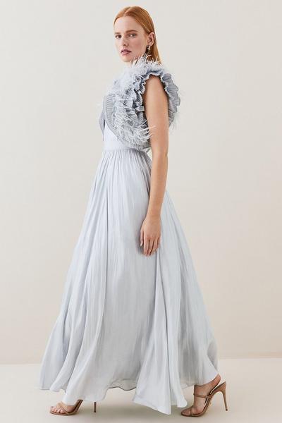KarenMillen metallic silver Lydia Millen Metallic Feather Ruffle Woven Maxi Dress