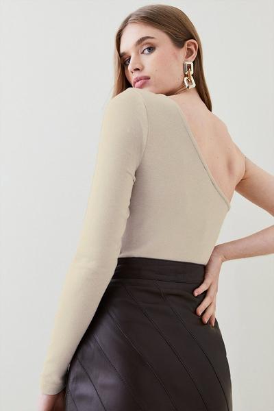 KarenMillen natural Premium Wool Blend One Shoulder Jersey Bodysuit