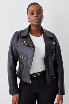 KarenMillen black Plus Size Leather Pocket Detail Biker Jacket