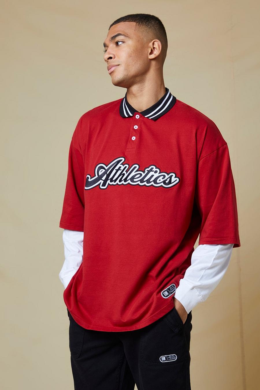 Red Oversized Athletics Applique Faux Sleeve Polo image number 1