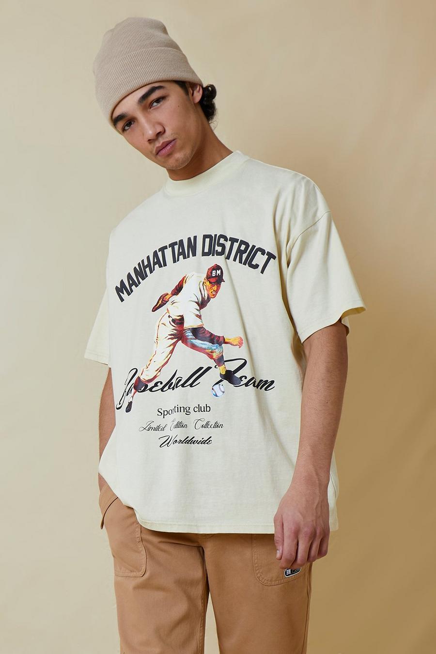Ecru Oversized Baseball Graphic T-shirt  image number 1