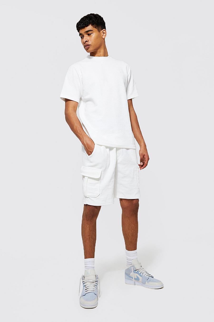 Ensemble en maille gaufrée t-shirt et short à poches, Ecru blanc image number 1