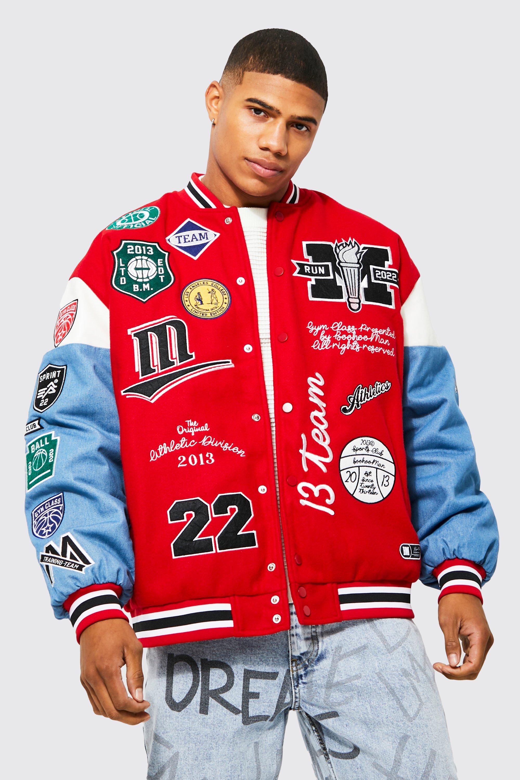 ASOS DESIGN oversized varsity jacket in red with badges