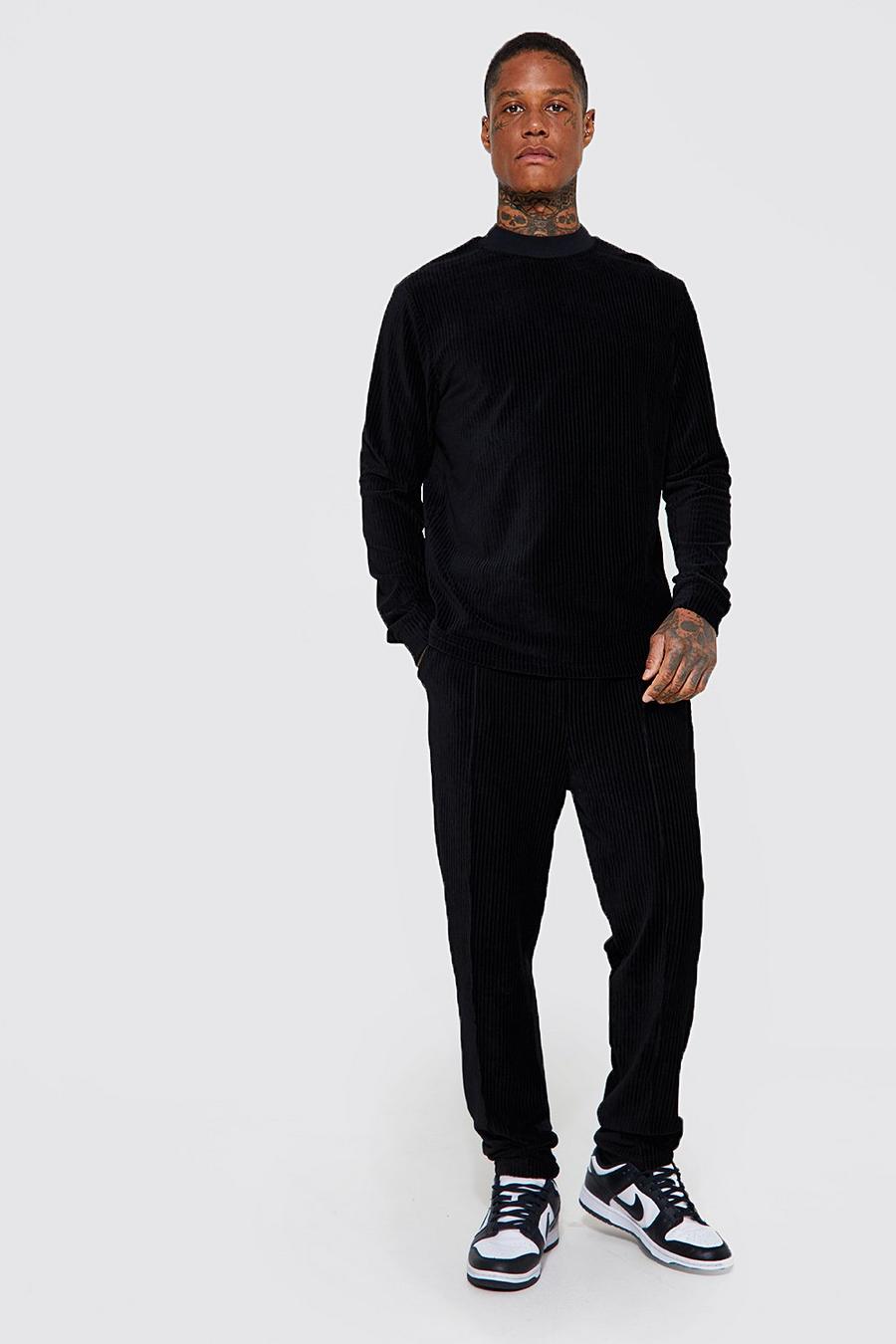 Black Extended Neck Ribbed Velour Sweater Tracksuit image number 1