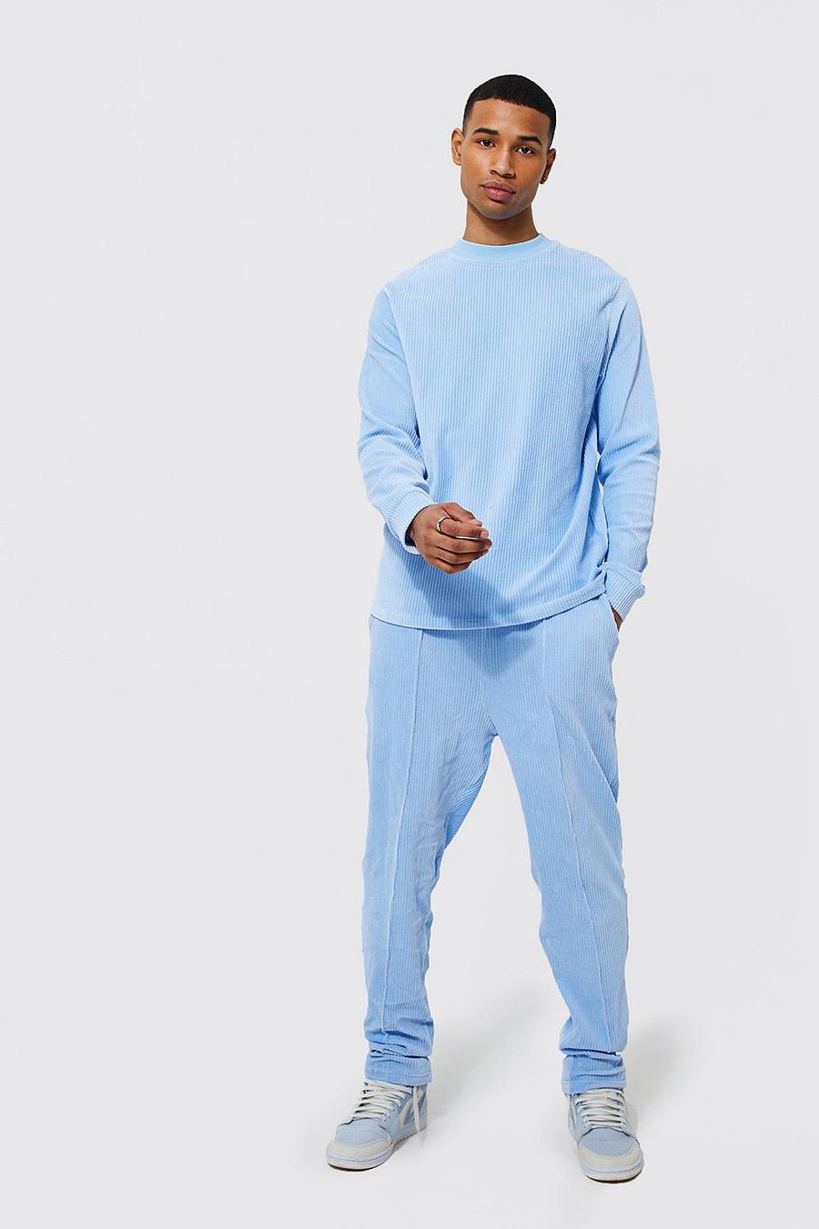 Pale blue Extended Neck Ribbed Velour Sweater Tracksuit image number 1