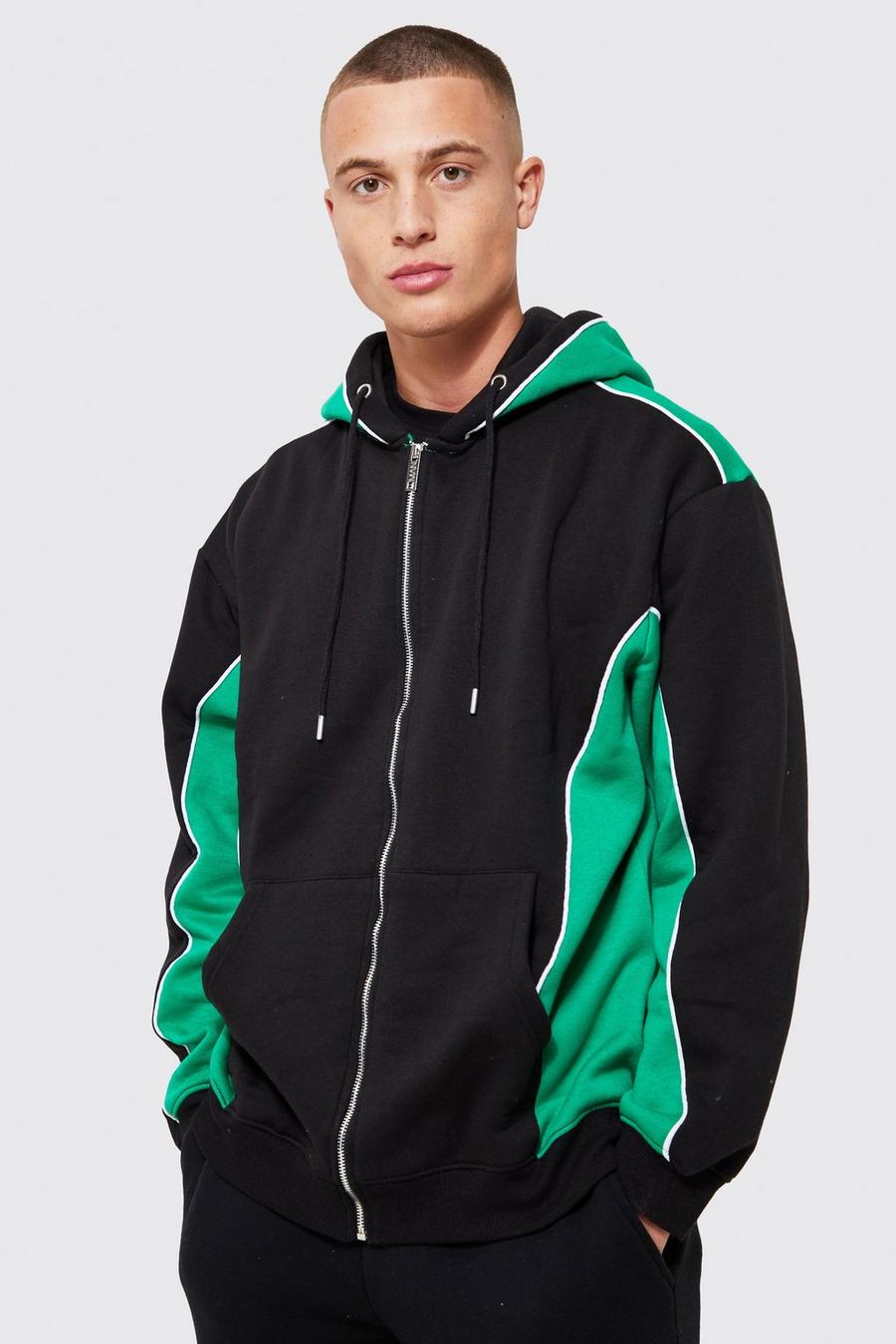 Green Oversized Colour Block Zip Hoodie With Piping
