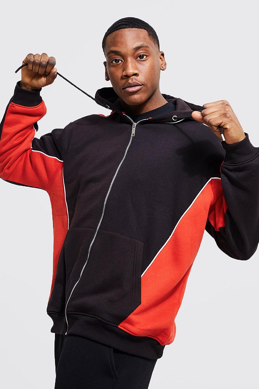 Red rouge Oversized Colour Block Zip Hoodie With Piping