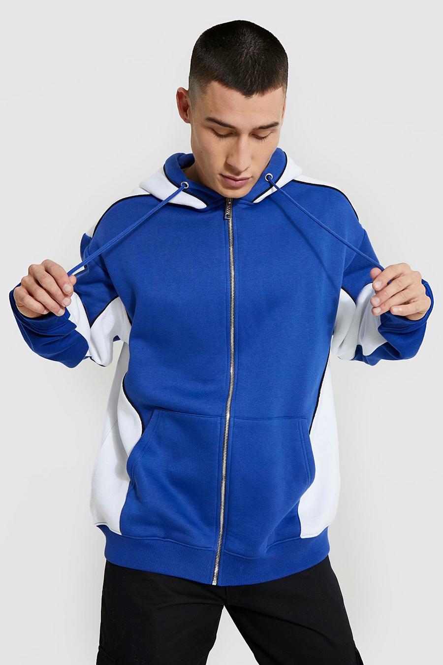 Cobalt blue Oversized Colour Block Zip Hoodie With Piping