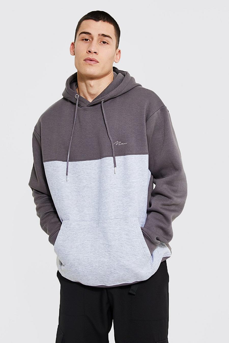 Charcoal Oversized Man Signature Colour Block Hoodie image number 1