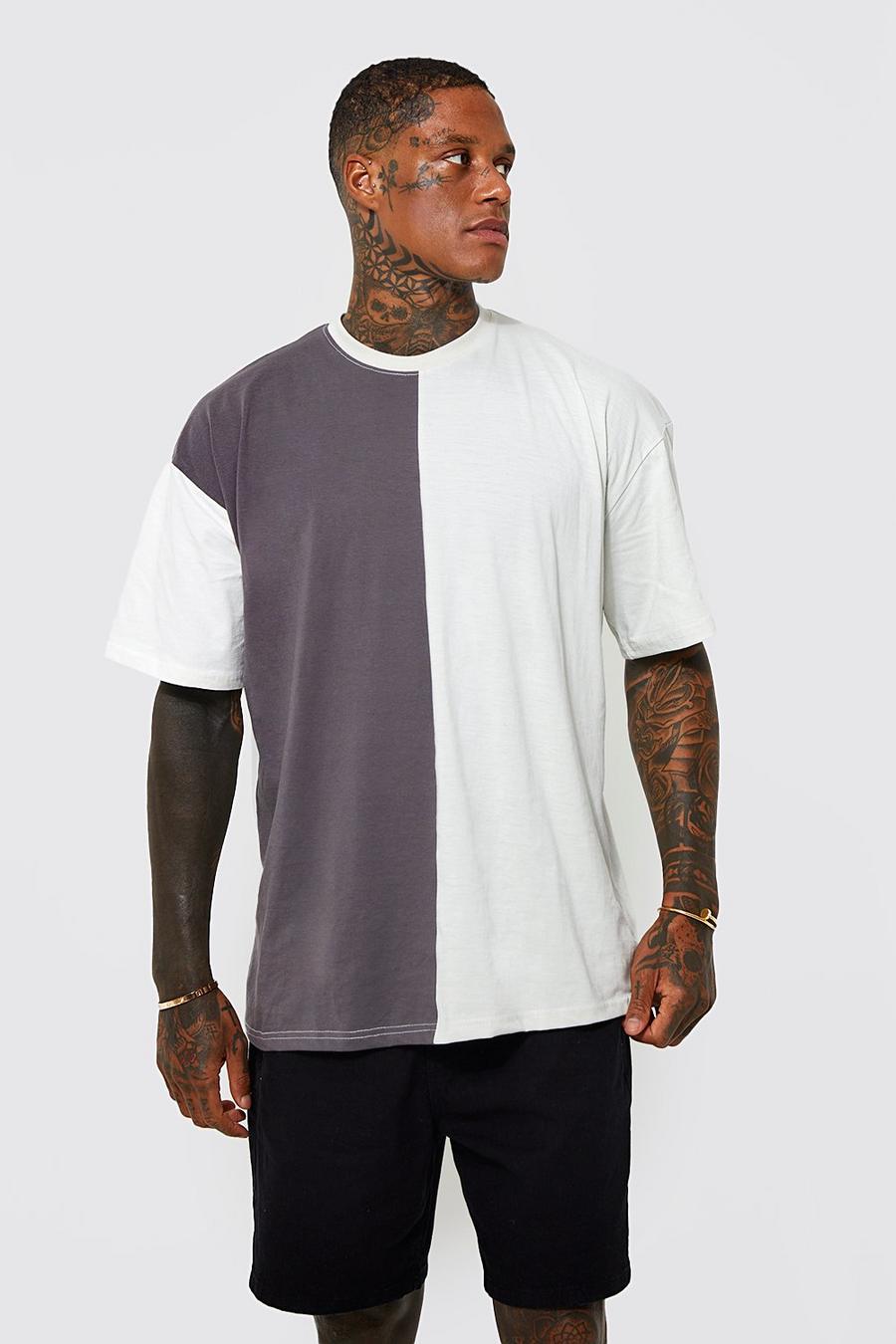 Grey Oversized Vertical Colour Block T-shirt image number 1