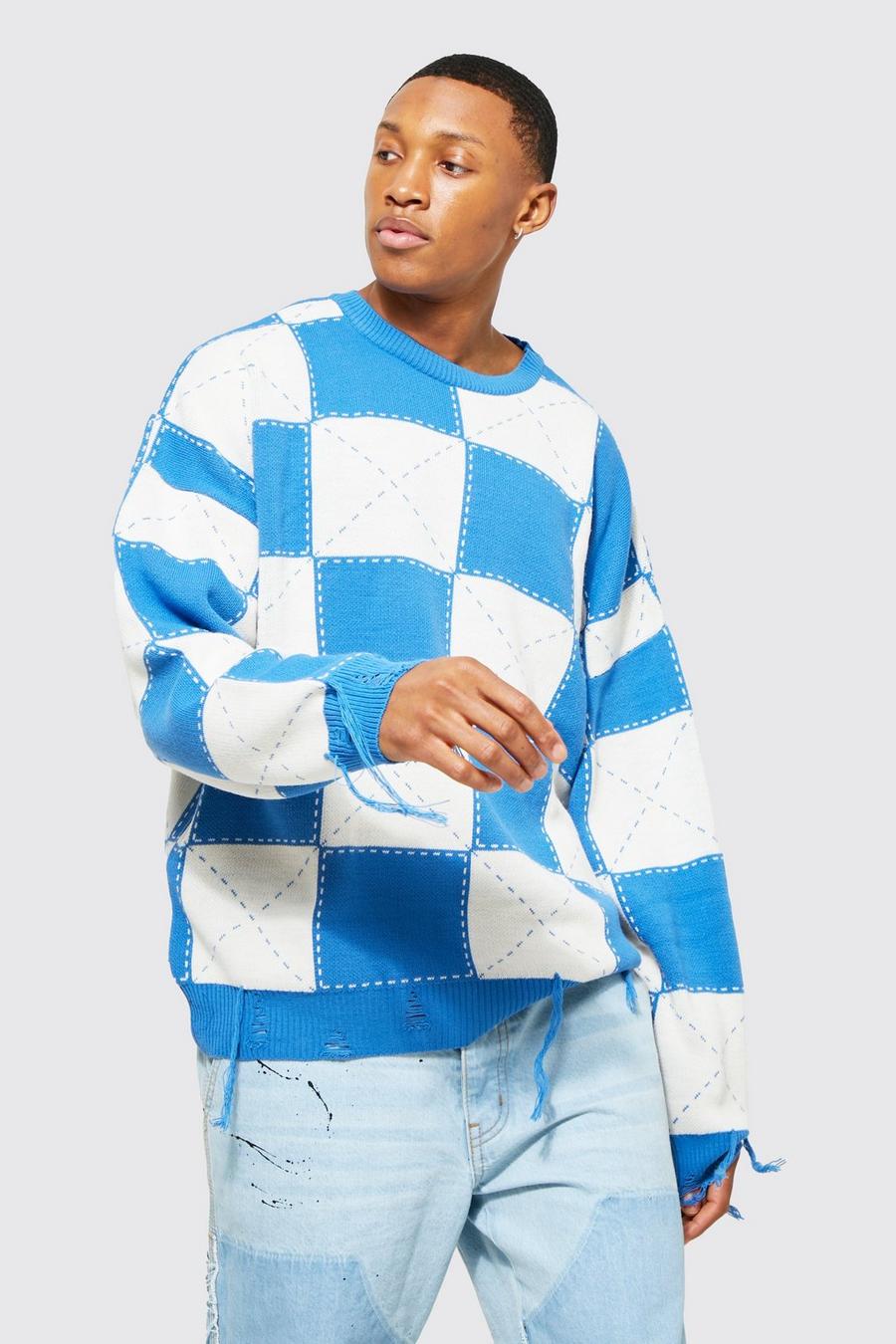 Zerrissener Oversize Pullover mit Schachbrett-Print, Dusty blue