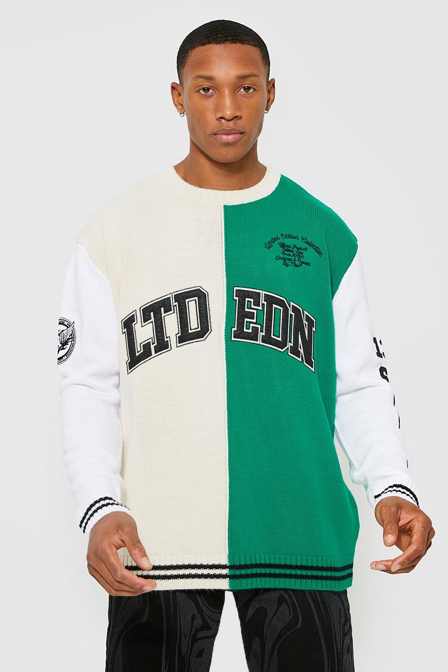 Pull oversize style universitaire effet color block, Green image number 1