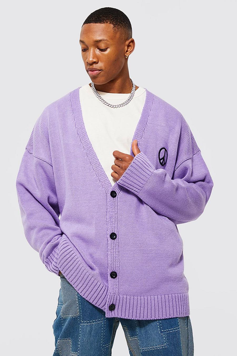 Purple Oversized Embroidered Peace Knitted Cardigan  image number 1