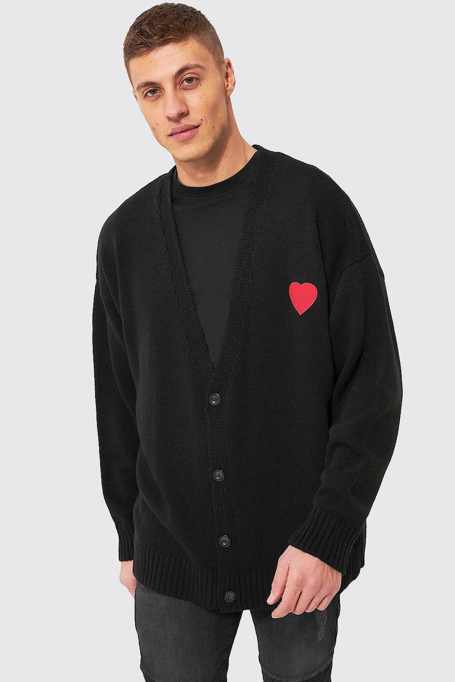 Black Oversized Embroidered Heart Knitted Cardigan 