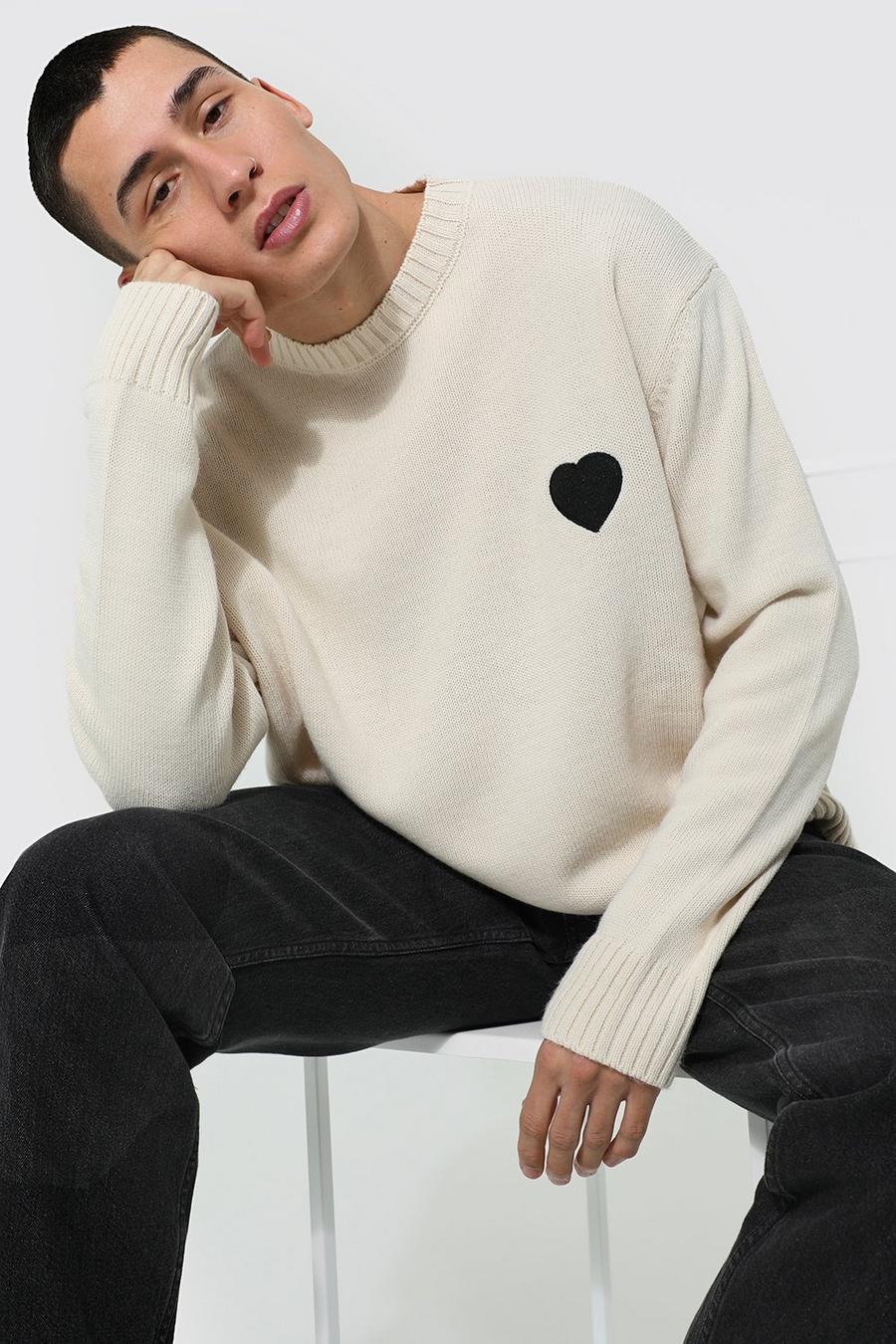 Cream Heart Embroidered Oversized Knit Jumper image number 1