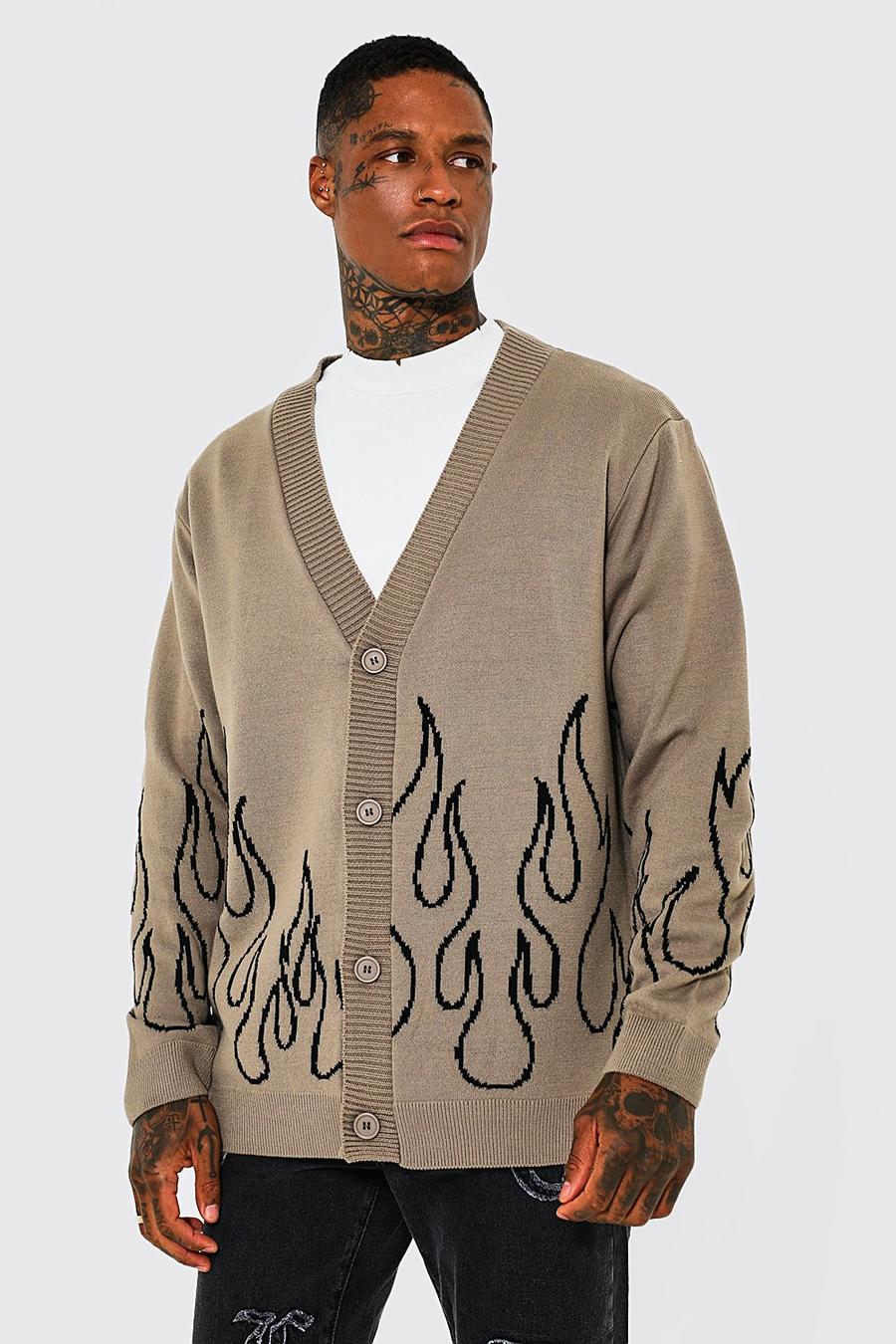 Taupe Oversized Flame Knitted Cardigan image number 1