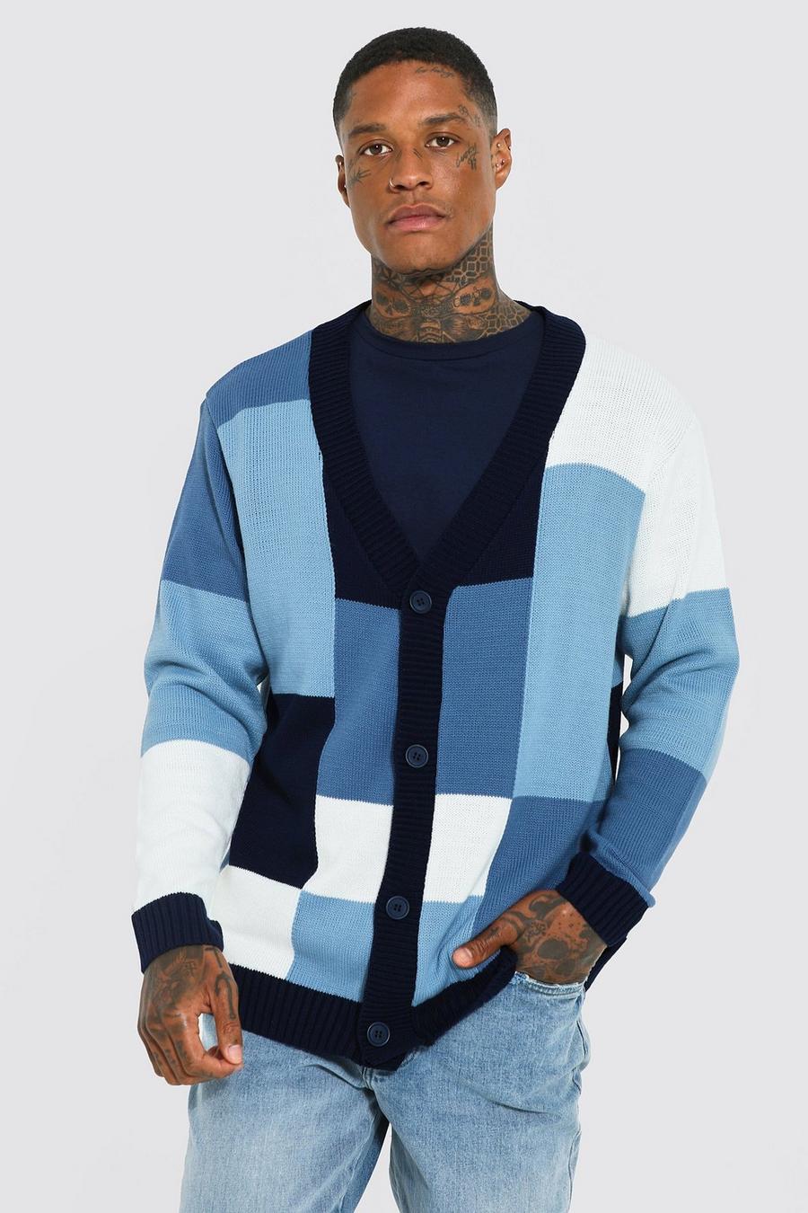 Blue Oversized Patchwork Knitted Cardigan image number 1