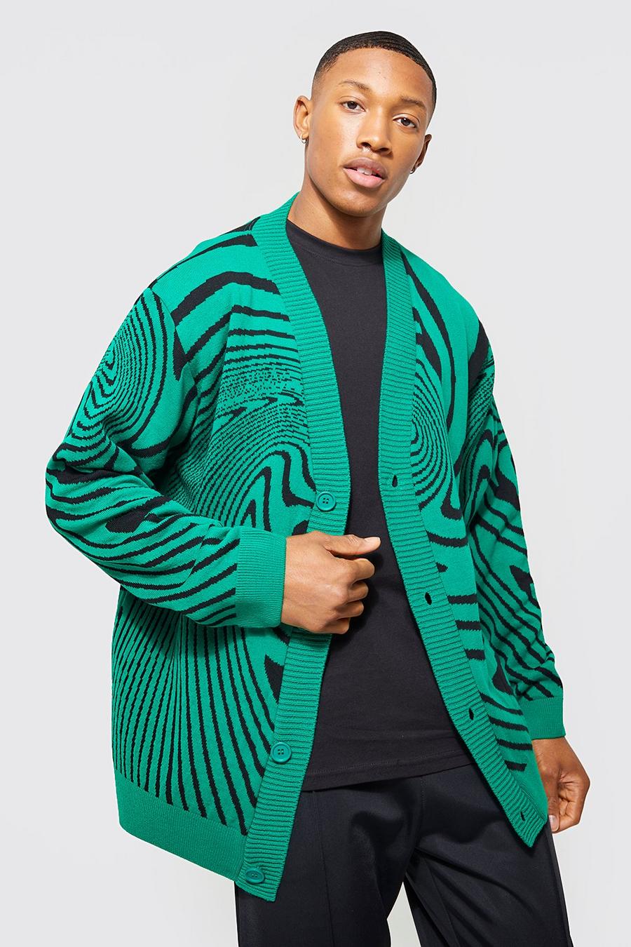 Green Oversized Abstract Swirl Knitted Cardigan image number 1