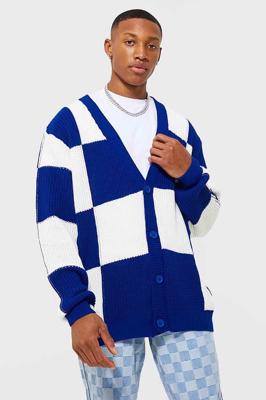 Cobalt blå Oversized Large Checkerboard Cardigan