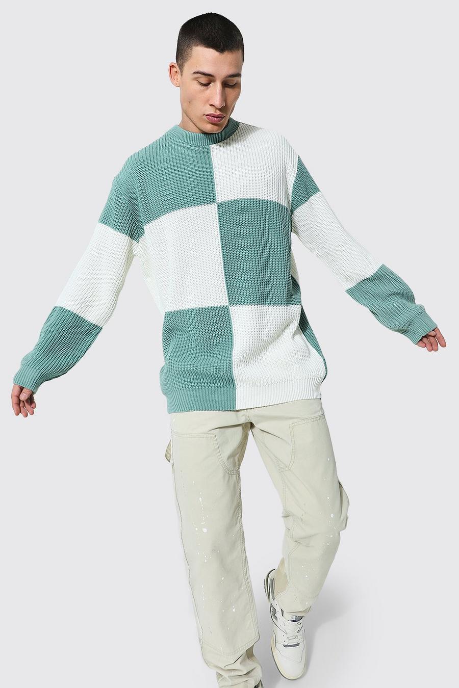 Sage green Oversized Checkerboard Stripe Knitted Jumper image number 1