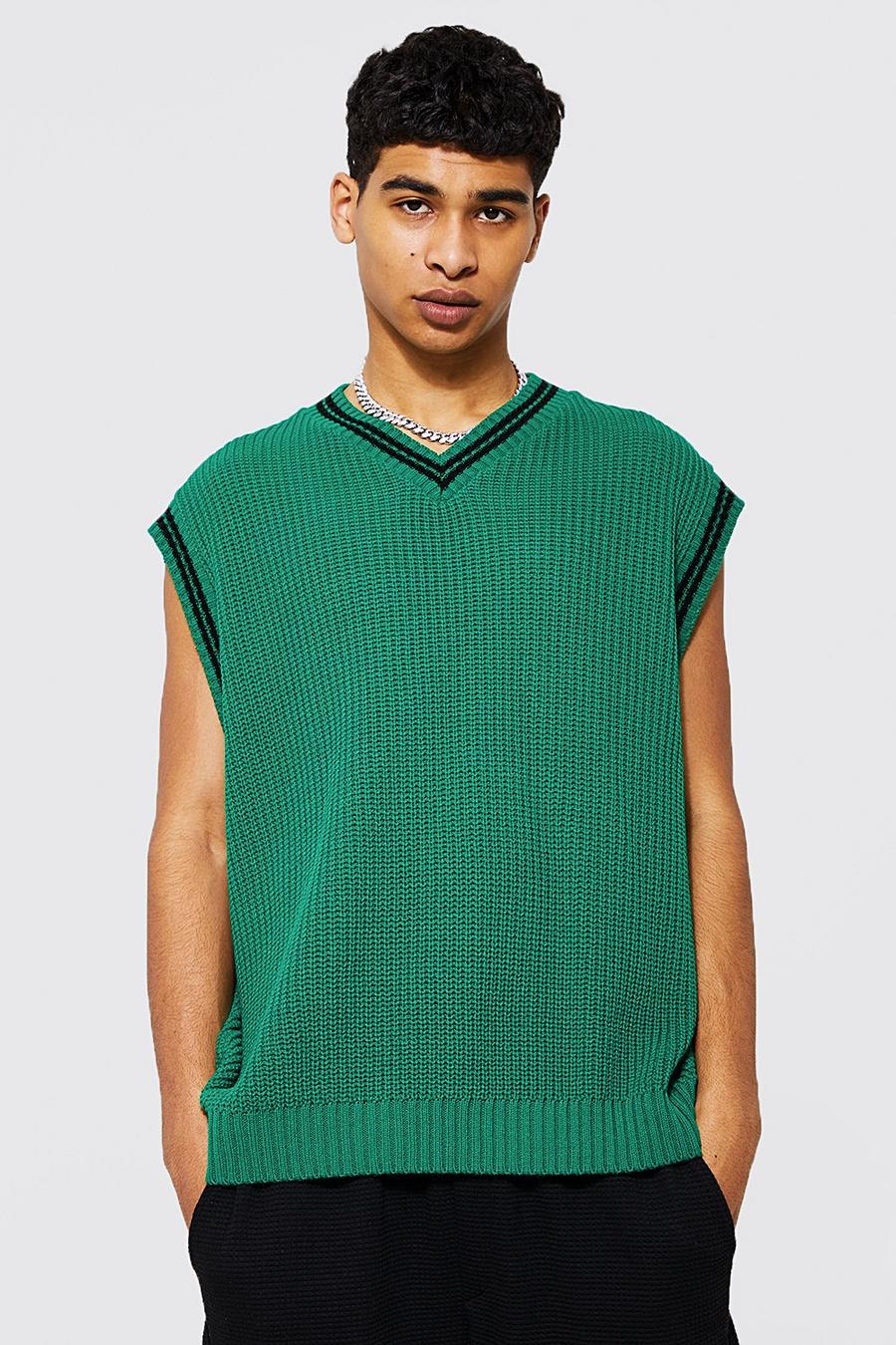 Green Oversized Fisherman Rib Varsity Knitted Vest