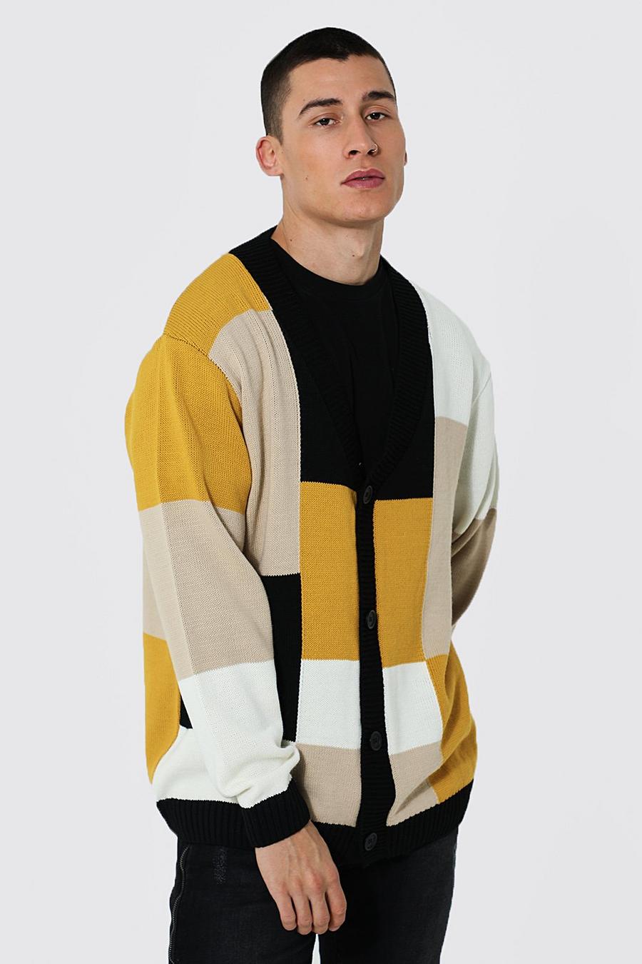 Mustard Oversized Patchwork Knitted Cardigan image number 1