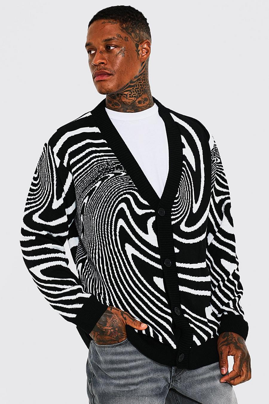 Black Oversized Abstract Swirl Knitted Cardigan image number 1