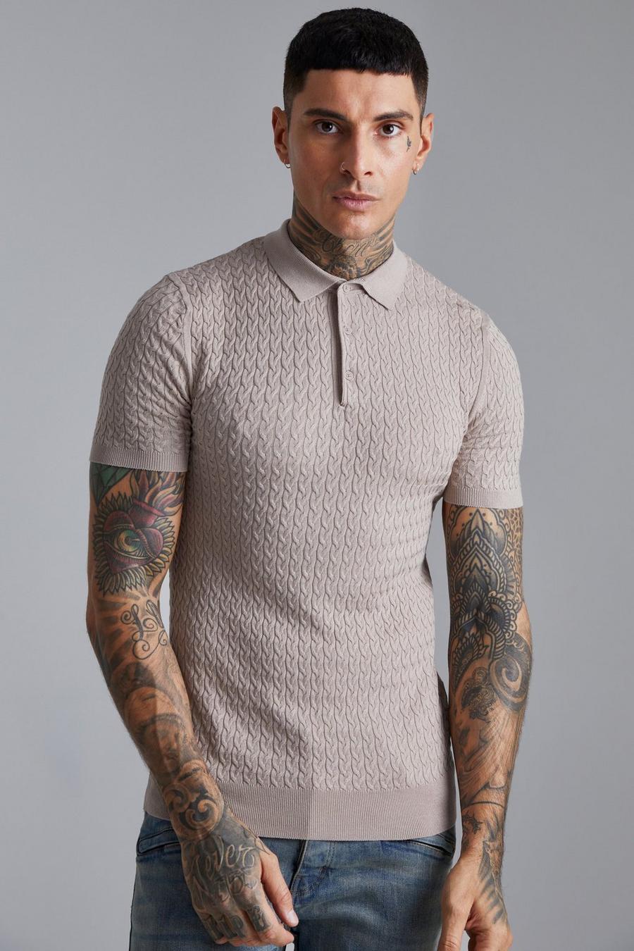 Taupe Muscle Short Sleeve Cable Polo image number 1