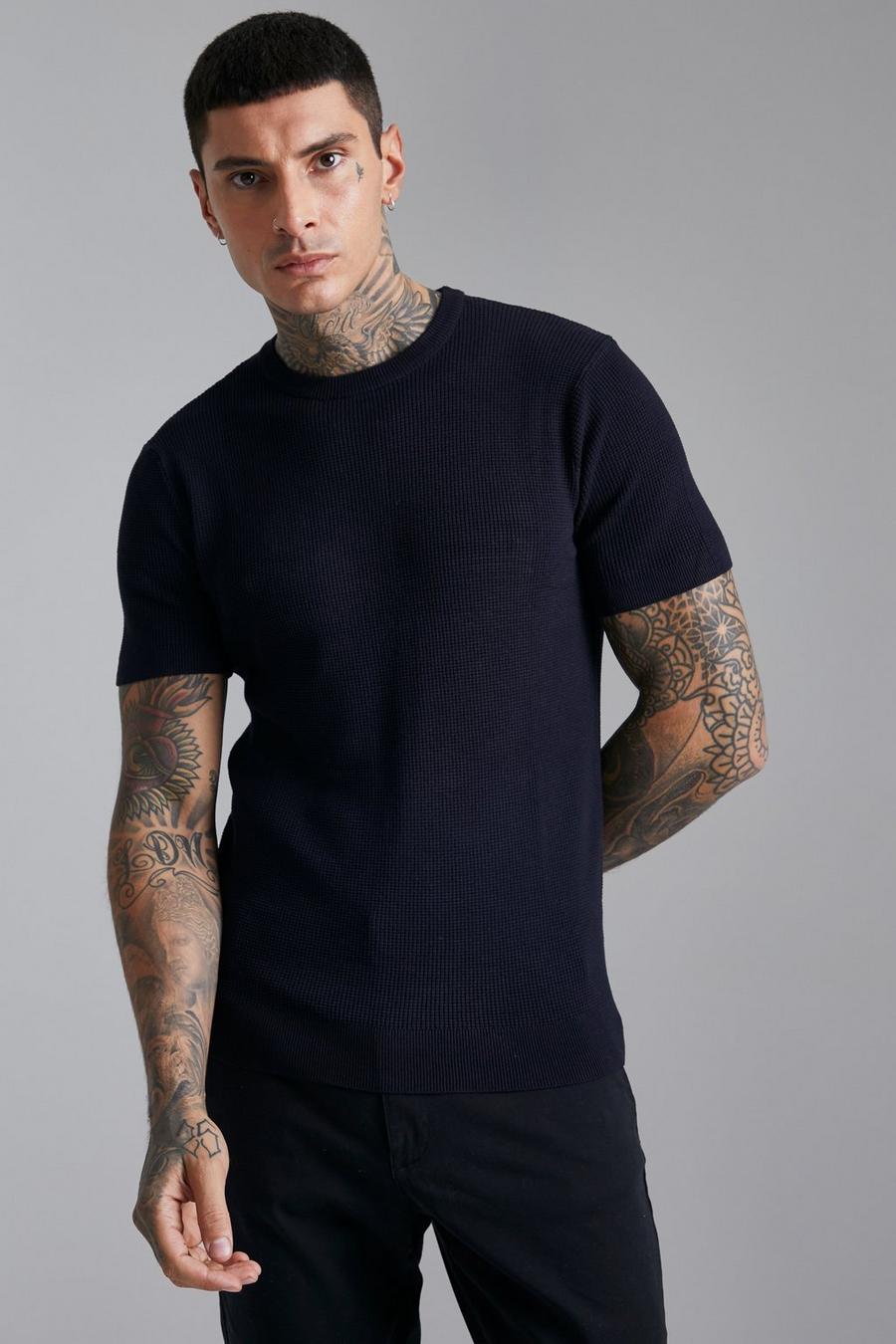 Navy Textured Crew Neck Knitted T-Shirt image number 1
