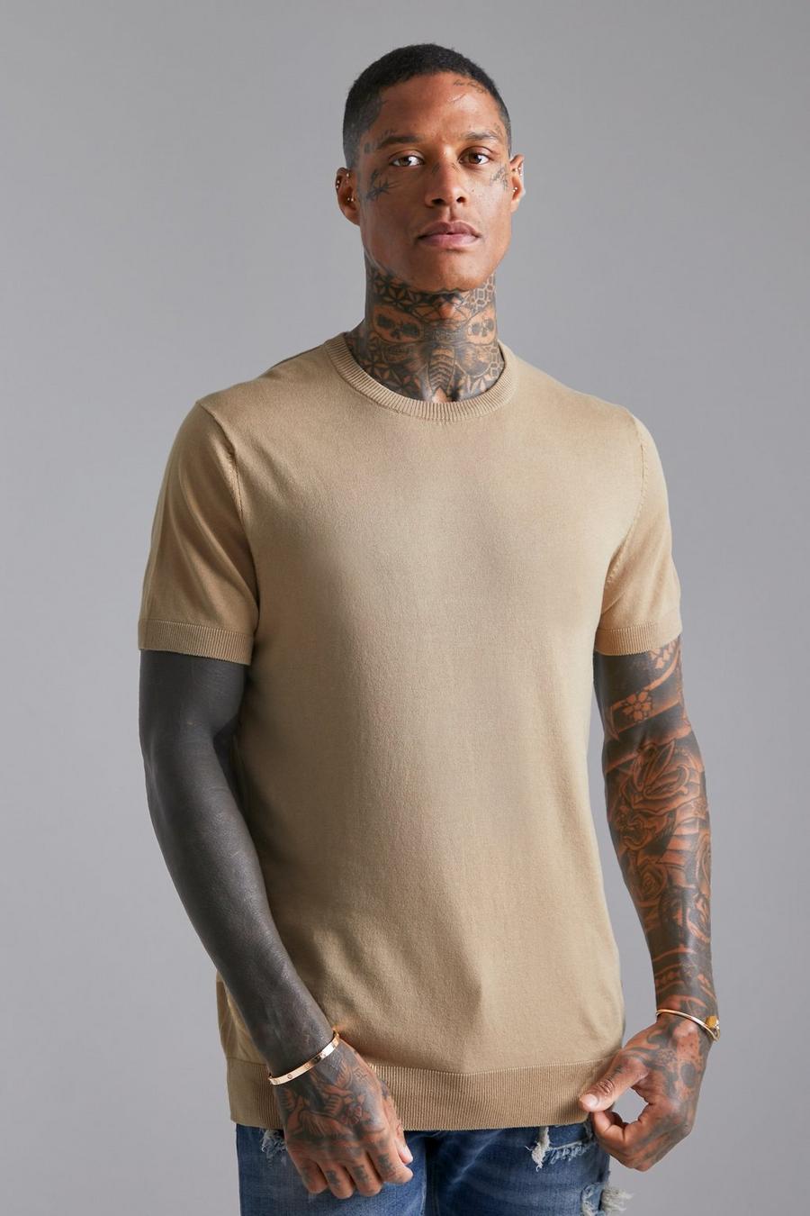 T-shirt Basic in maglia, Camel image number 1