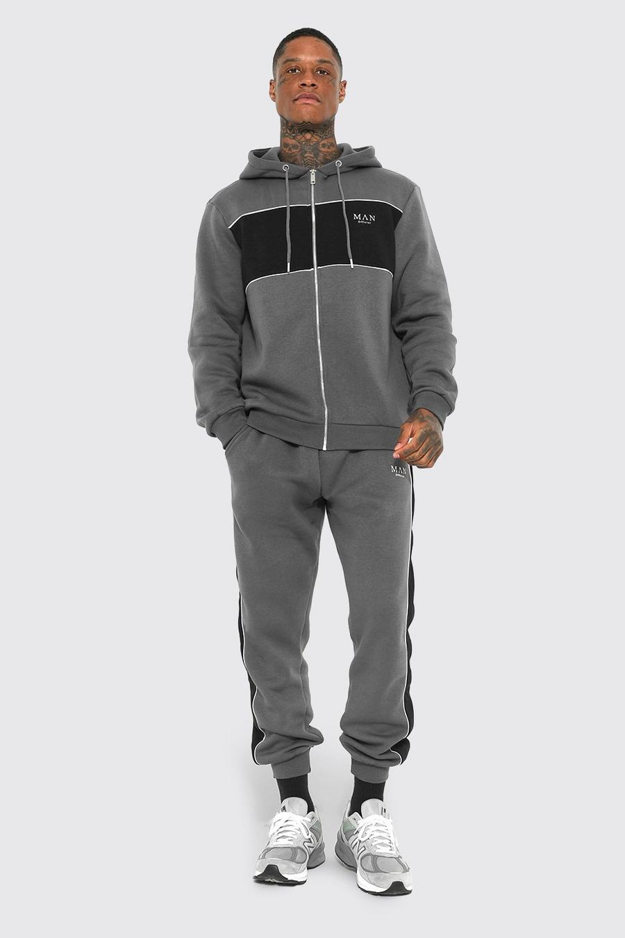 Charcoal Man Colour Block Hooded Zip Through Tracksuit image number 1