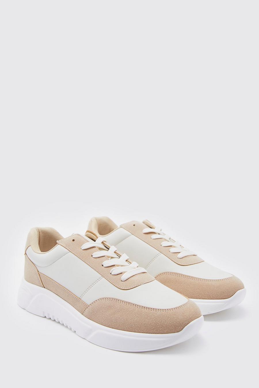 Ecru Tonal Panelled Faux Leather Trainer image number 1