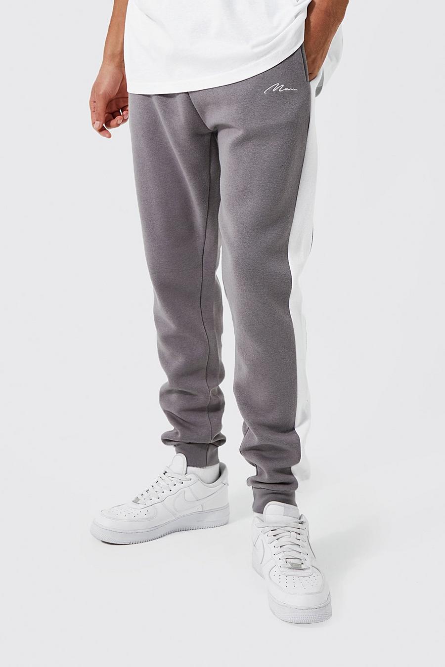 Tall Skinny Jogginghose mit Man-Schriftzug und Seitenstreifen, Slate grau