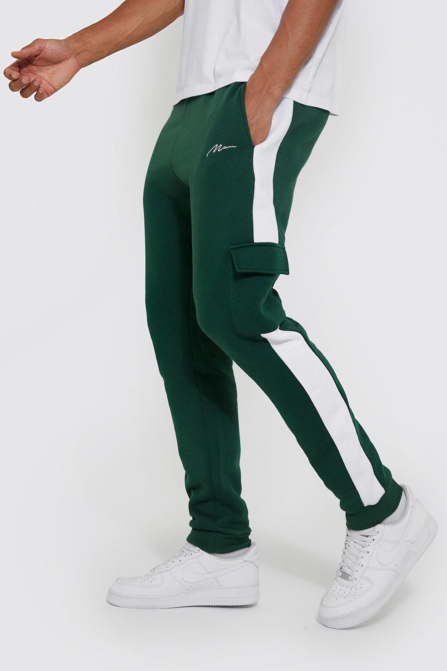 Dark green מכנסי ריצה בגזרת סקיני ובסגנון דגמ"ח עם כיתוב Man, לגברים גבוהים image number 1
