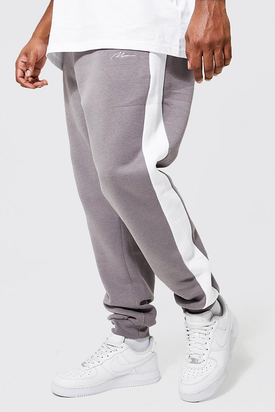 Pantaloni tuta Plus Size Offcl con pannelli laterali sottili e scritta Man, Slate image number 1