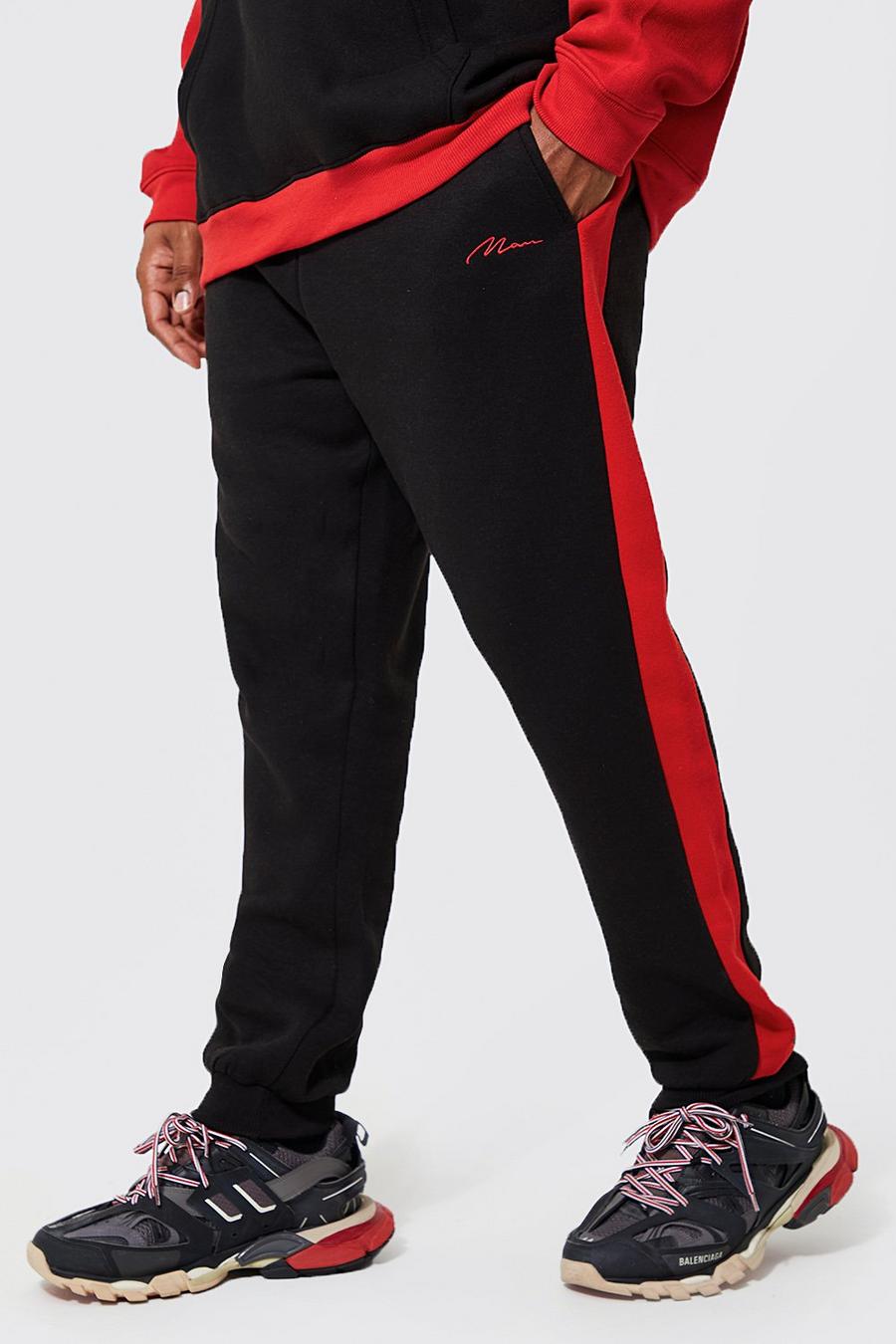Pantaloni tuta Plus Size con pannelli stretti e scritta Man, Black nero