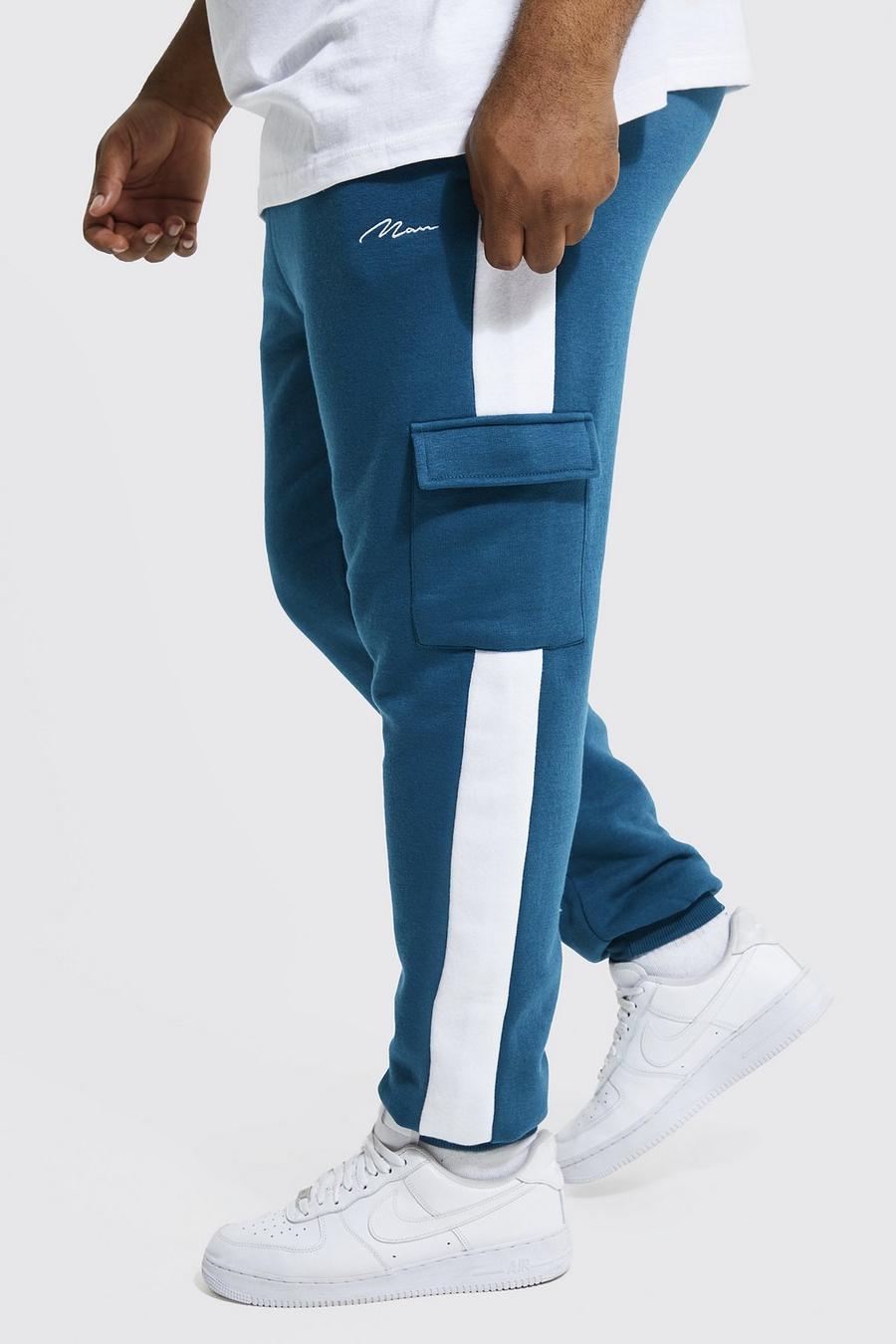 Blue מכנסי ריצה בגזרת סקיני ובסגנון דגמ"ח עם כיתוב Man, מידות גדולות image number 1